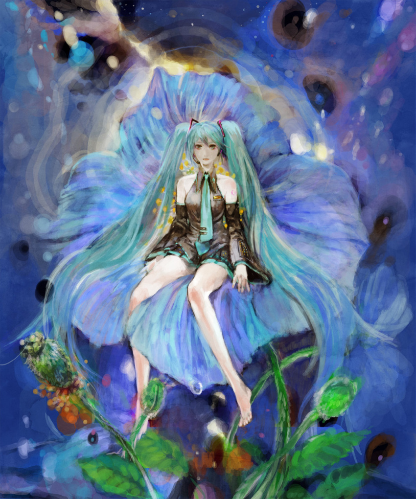 feet, flower, hatsune_miku, highres, long_hair, pollen, star, tomatika