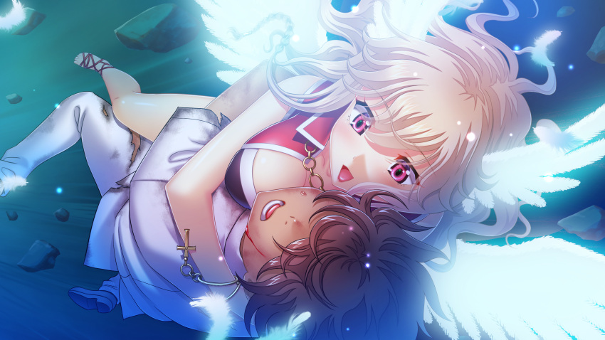 1boy, 1girl, angel_wings, blonde_hair, blood, breast_press, breasts, brown_hair, cleavage, feathers, feet, flying, game_cg, happy, highres, in_vitro_shoujo, large_breasts, legs, long_hair, open_mouth, pink_eyes, rock, sandals, shoes, short_hair, sleeveless, smile, tadano_akira, thighs, toes, wings