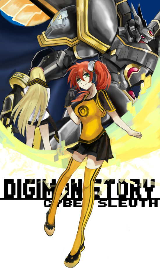 2girls, aiba_ami, alphamon, armor, artist_request, bandai, bangs, black_gloves