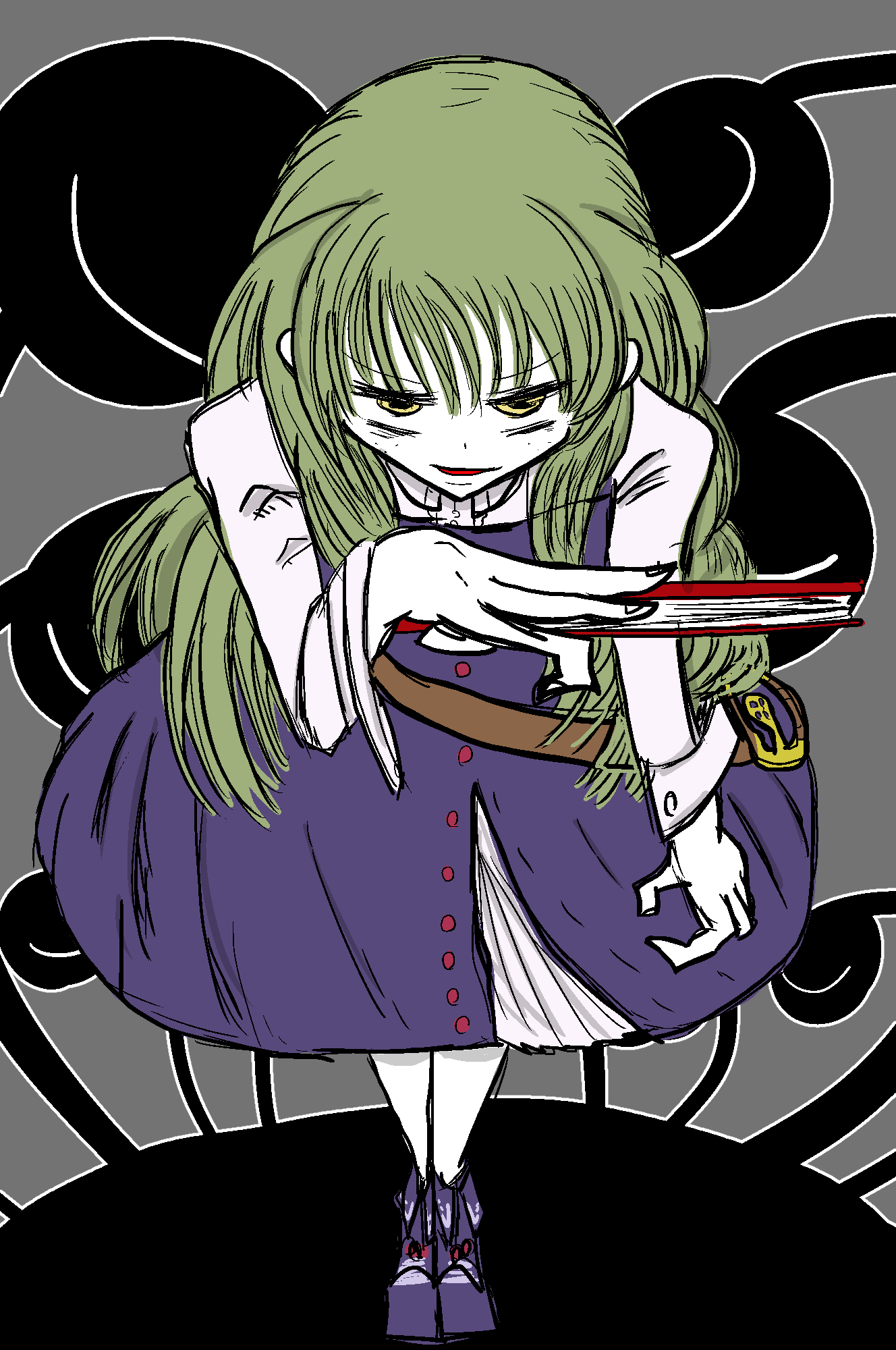 1girl, green_hair, koishi_adventure, long_hair, sentaku-bune, solo, watatsuki_no_toyohime, yellow_eyes