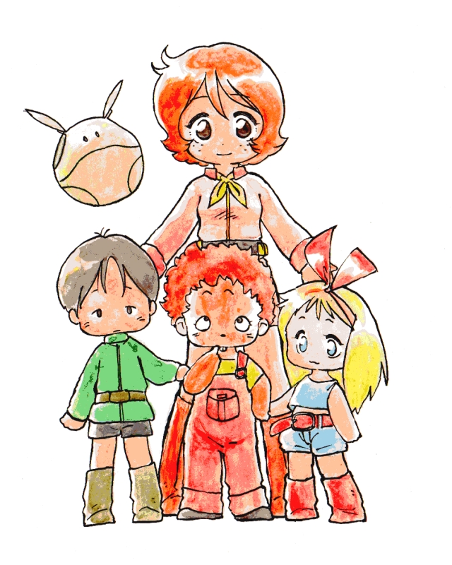 2boys, 2girls, blonde_hair, blue_eyes, brown_hair, chibi, frau_bow, freckles