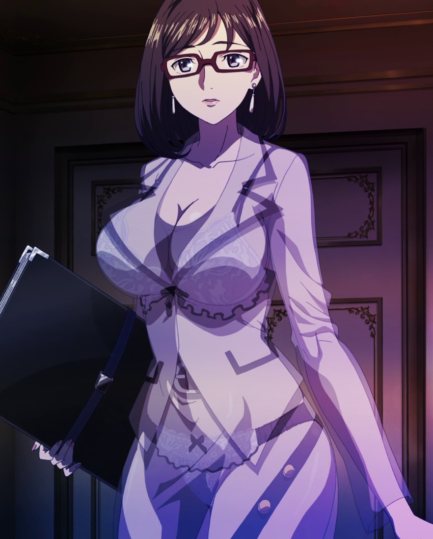 1girl, bra, breasts, brown_hair, cleavage, earrings, female, glasses