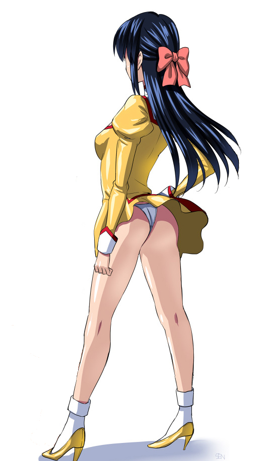 1girl, 90s, agent_aika, anzu_(onelelee), ass, back, bare_legs, black_hair