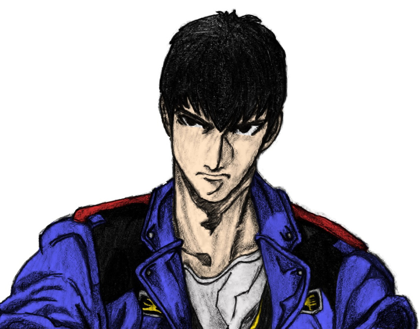 1boy, artist_request, black_hair, gundam, gundam_we're_federation_hooligans!!, male_focus, military, military_uniform, simple_background, solo, uniform, upper_body, yuji_arcana