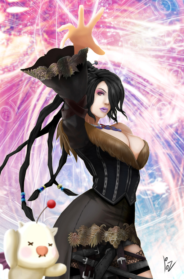 1girl, bangbez, breasts, cleavage, final_fantasy, final_fantasy_x, hair_over_one_eye, large_breasts, lipstick, lulu_(final_fantasy), magic, makeup, moogle, purple_lipstick