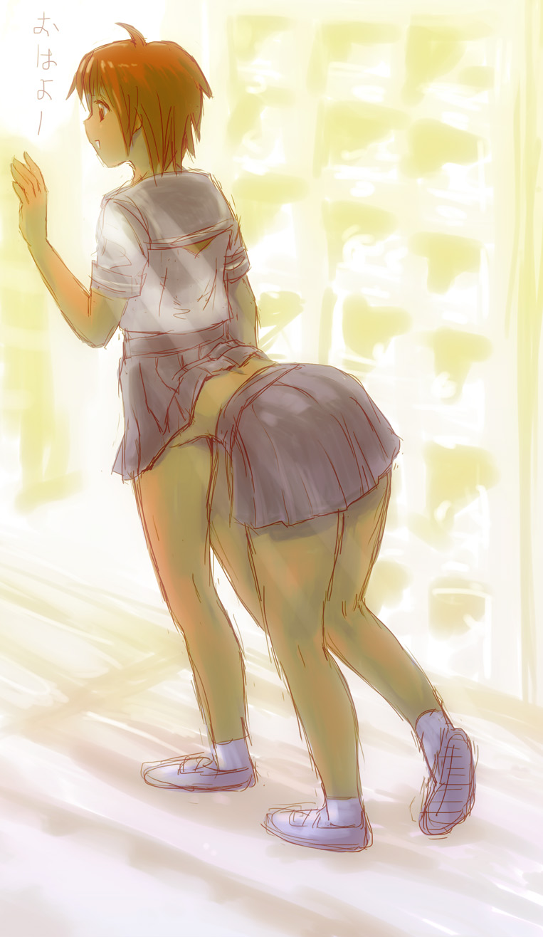 1girl, borusen, multi_limb, multiple_legs, school_uniform, skirt, solo, sunset, translation_request
