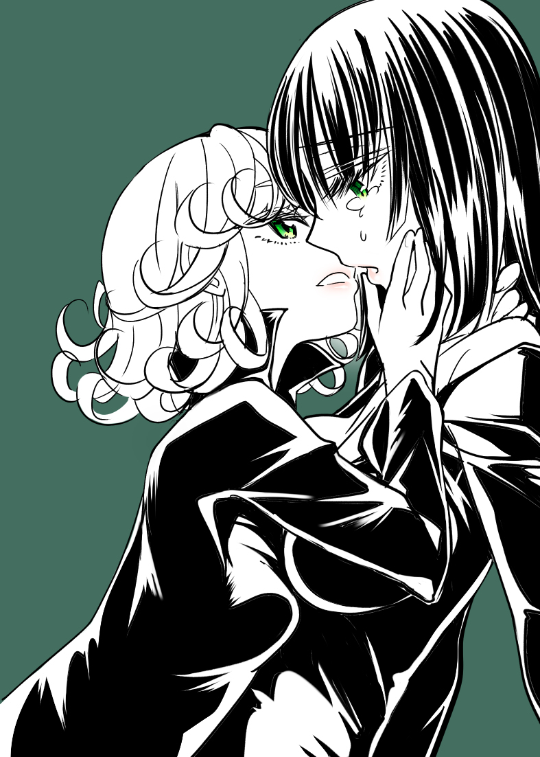 2girls, breasts, curly_hair, dress, fubuki_(one-punch_man), incest, md5_mismatch, monochrome