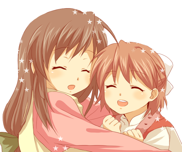 chiroru, clannad, closed_eyes, hug, ibuki_fuuko, long_hair, okazaki_ushio, star