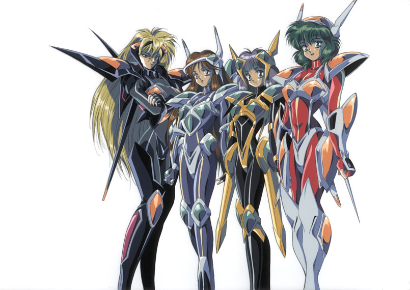 4girls, 90s, armor, bodysuit, cel, female, hanken, headgear