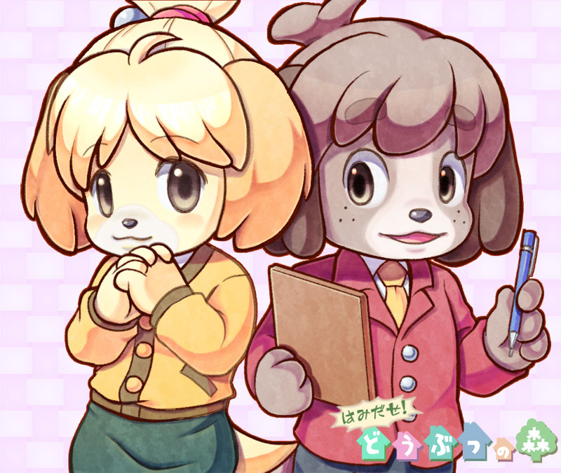 1boy, 1girl, animal_crossing, blonde_hair, brown_hair, furry, hair_ornament, isabelle_(animal_crossing)