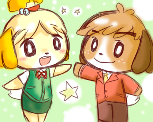 1boy, 1girl, animal_crossing, blonde_hair, brown_hair, furry, hair_ornament, isabelle_(animal_crossing), kento_(doubutsu_no_mori), nintendo, short_hair, siblings, suit