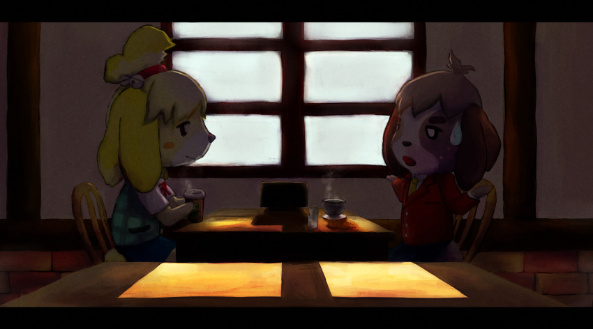 1boy, 1girl, animal_crossing, blonde_hair, brown_hair, digby_(animal_crossing), furry, hair_ornament