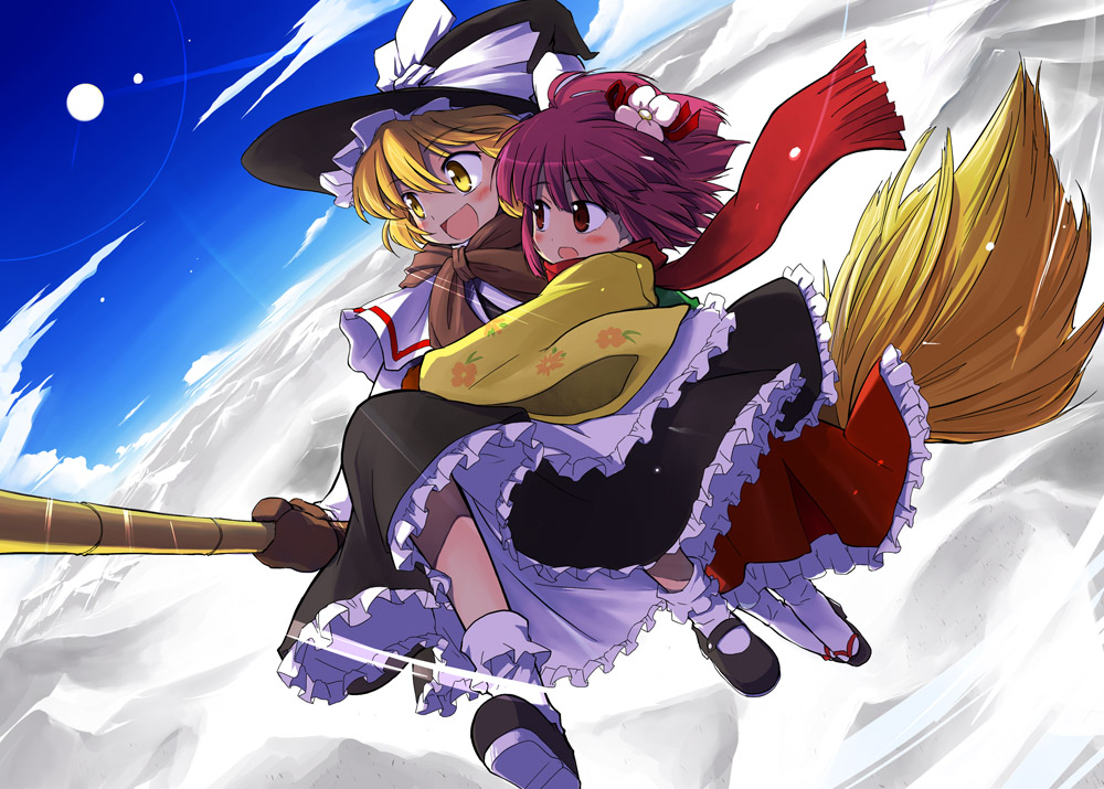 broom, cloud, clouds, flying, hat, hieda_no_akyuu, japanese_clothes, kimono, kirisame_marisa, long_hair, mizutataki, purple_hair, red_eyes, ribbon, scarf, short_hair, touhou, witch_hat, yellow_eyes