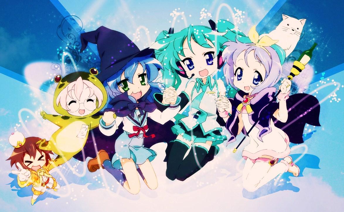animal_costume, blue_eyes, blue_hair, bottle, brown_hair, cherry_(dog), cherry_(lucky_star), cosplay