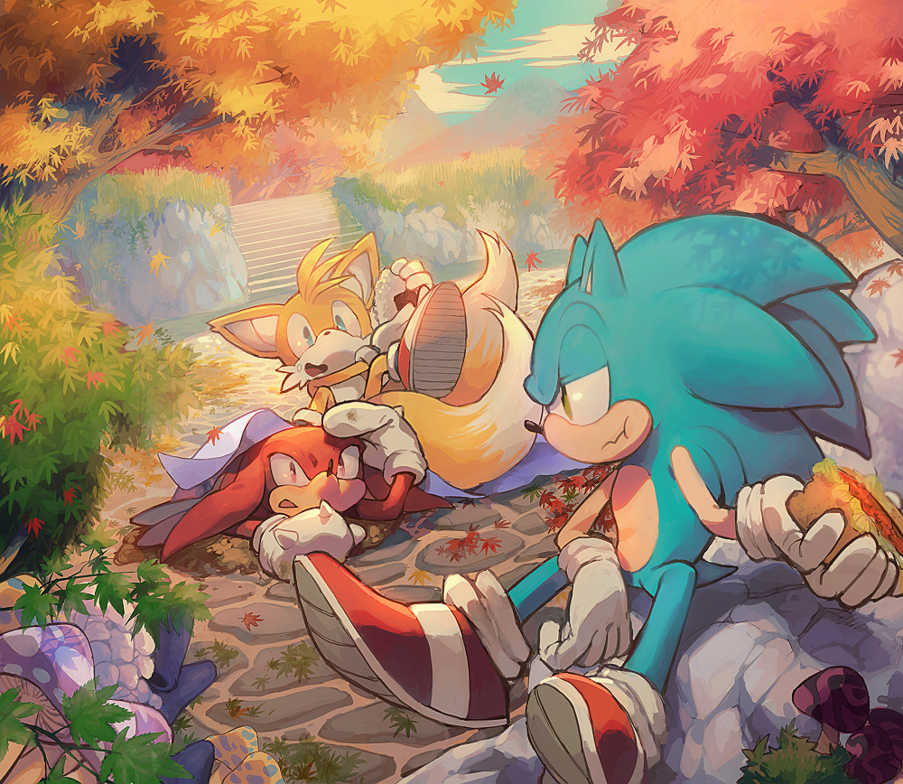 1boy, blue_eyes, chili_dog, eating, food, furry, gloves, green_eyes, hot_dog, knuckles_the_echidna, plant, purple_eyes, sega, shoes, sky, sonic, sonic_(series), sonic_the_hedgehog, stairs, stone, stone_floor, tagme, tail, tails, tails_(sonic), two_tails