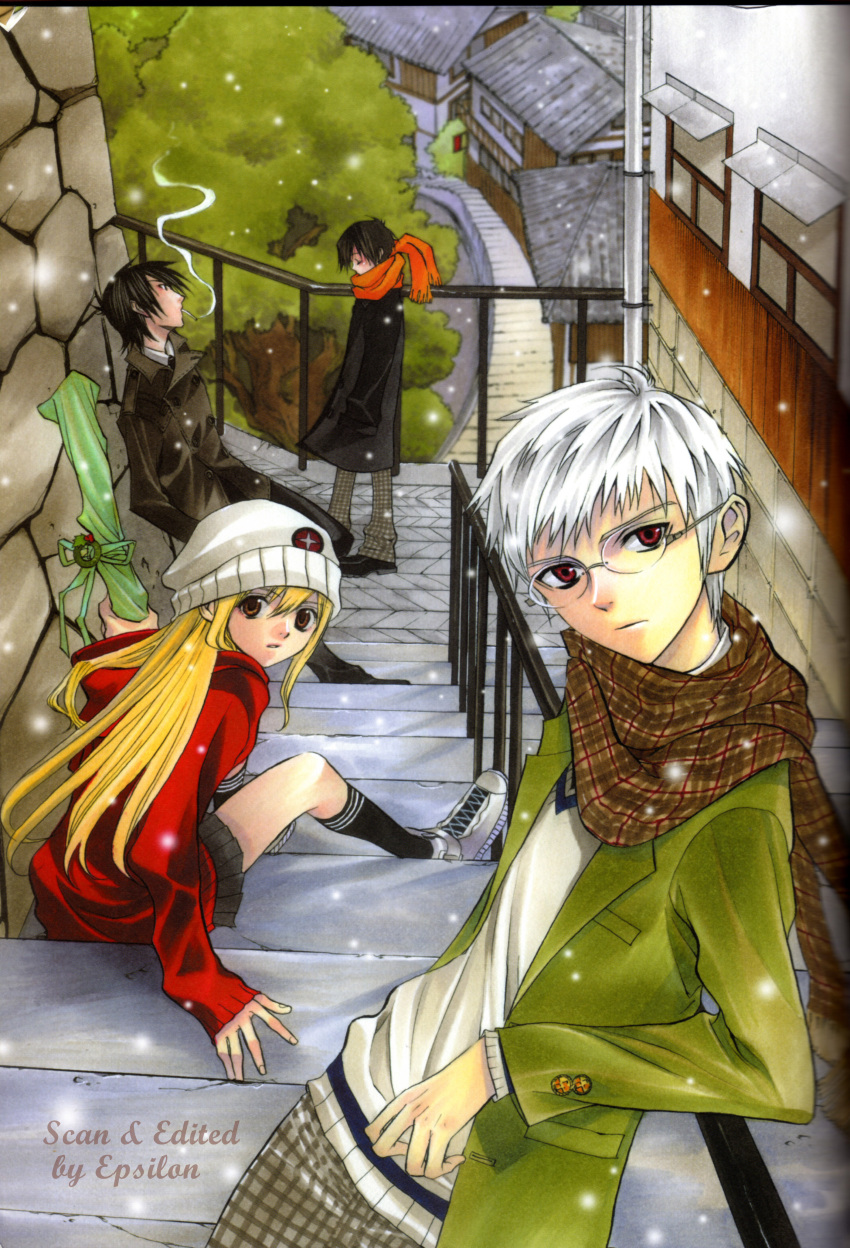 aizawa_kouichi, black_hair, blonde_hair, everyone, glasses, hat, highres, kamatani_yuhki