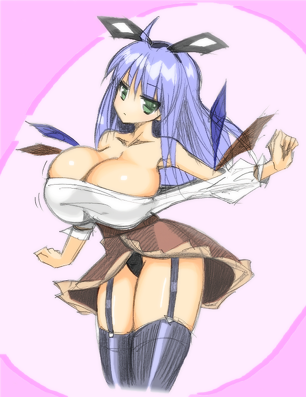 1girl, bare_shoulders, black_legwear, black_panties, blue_hair, breasts, cleavage, collarbone, curvy, fantasy_earth_zero, female, garter_straps, green_eyes, huge_breasts, jitome, kobonta, long_hair, looking_at_viewer, mechanical_pencil, panties, pantyshot, pencil, shirt, sketch, skirt, solo, standing, thigh-highs, thighs, underwear