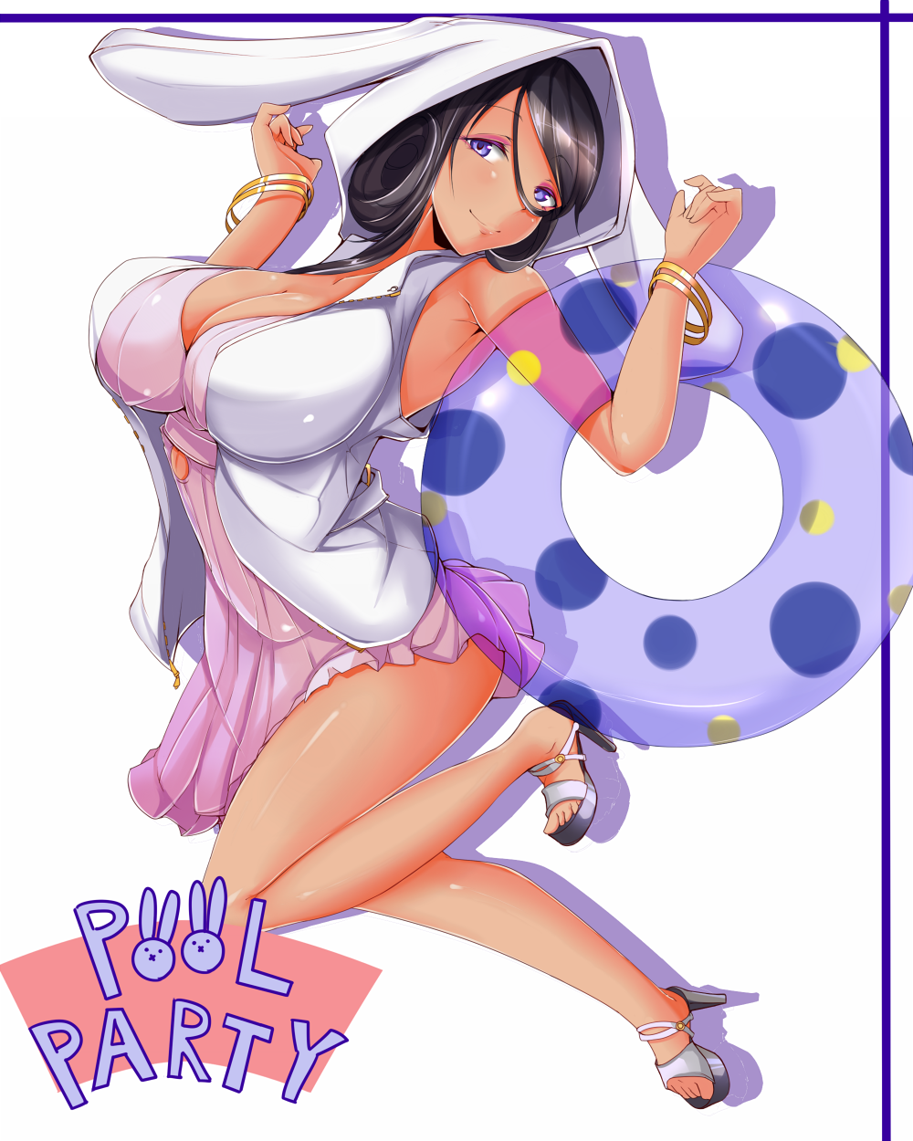 1girl, bare_shoulders, black_hair, bracelet, breasts, cleavage, female, high_heels