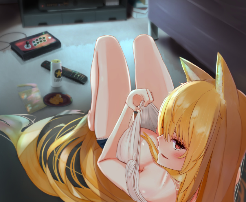 1girl, animal_ears, artist_request, bare_shoulders, barefoot, blonde_hair, blush, book