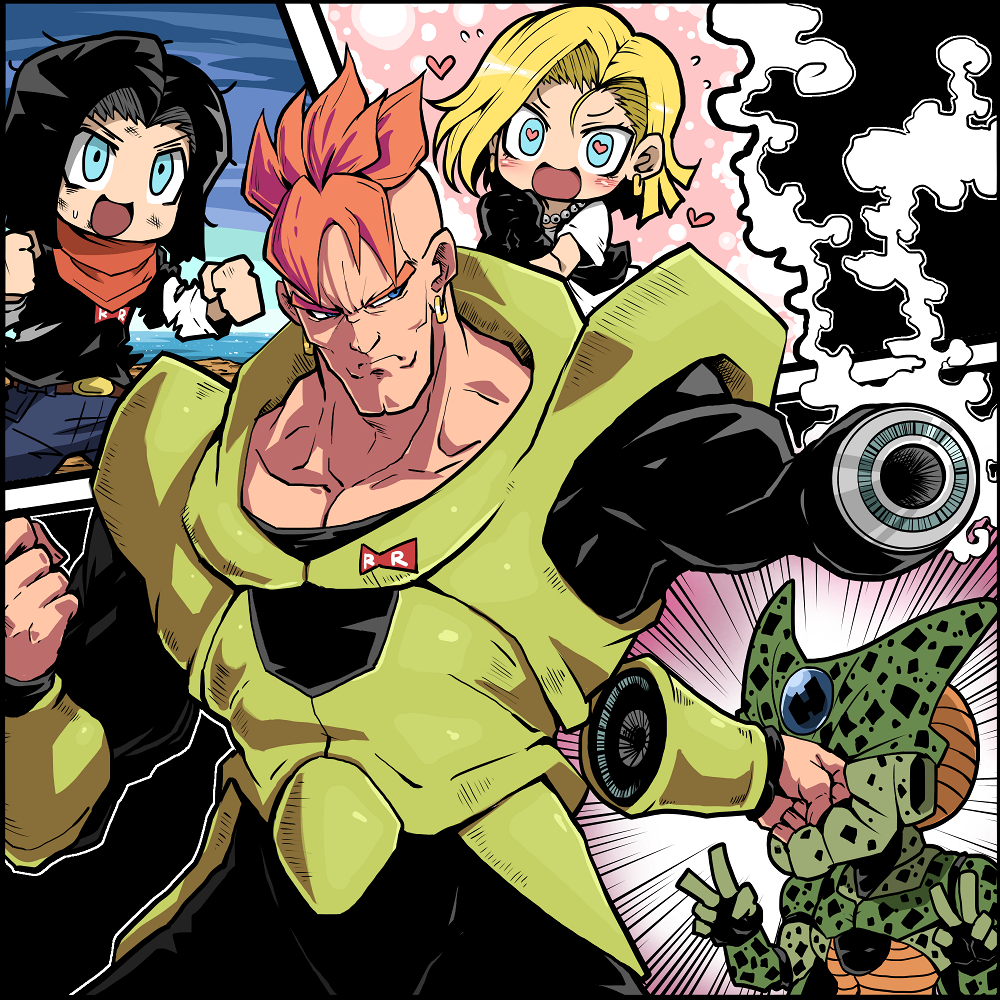 1girl, 2boys, android, android_16, android_17, android_18, black_hair, blonde_hair