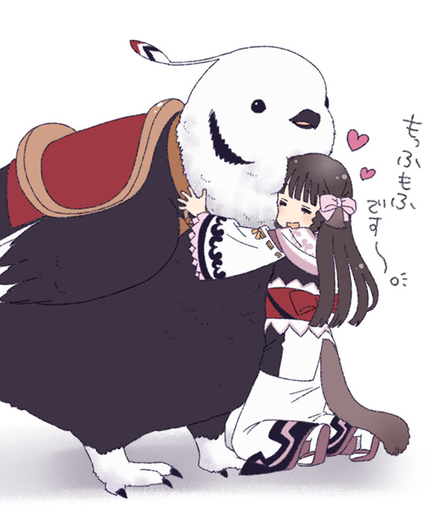 1girl, =_=, animal, bird, bow, braid, brown_hair, hair_bow, heart, hug, kneeling, kokopo_(utawareru_mono), long_hair, mattaku_mousuke, open_mouth, oversized_animal, robe, rurutie_(utawareru_mono), smile, solo, tail, utawareru_mono, utawareru_mono:_itsuwari_no_kamen