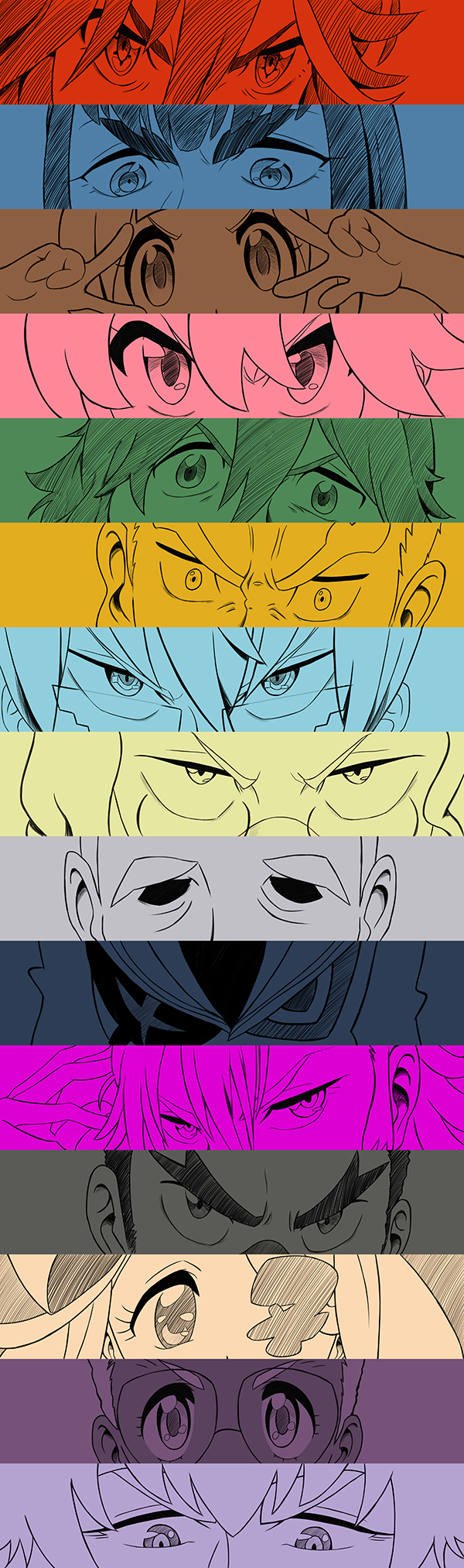 6+boys, 6+girls, close-up, color_connection, double_v, eyepatch, eyes, gamagoori_ira, glasses, h0saki, hair_between_eyes, harime_nui, highres, hououmaru_rei, inumuta_houka, iori_shirou, jakuzure_nonon, kill_la_kill, kinagase_tsumugu, kiryuuin_ragyou, long_image, looking_at_viewer, matoi_ryuuko, mikisugi_aikurou, monochrome, multiple_boys, multiple_girls, persona, persona_eyes, sanageyama_uzu, senketsu, soroi_mitsuzou, tareme, tsurime, v