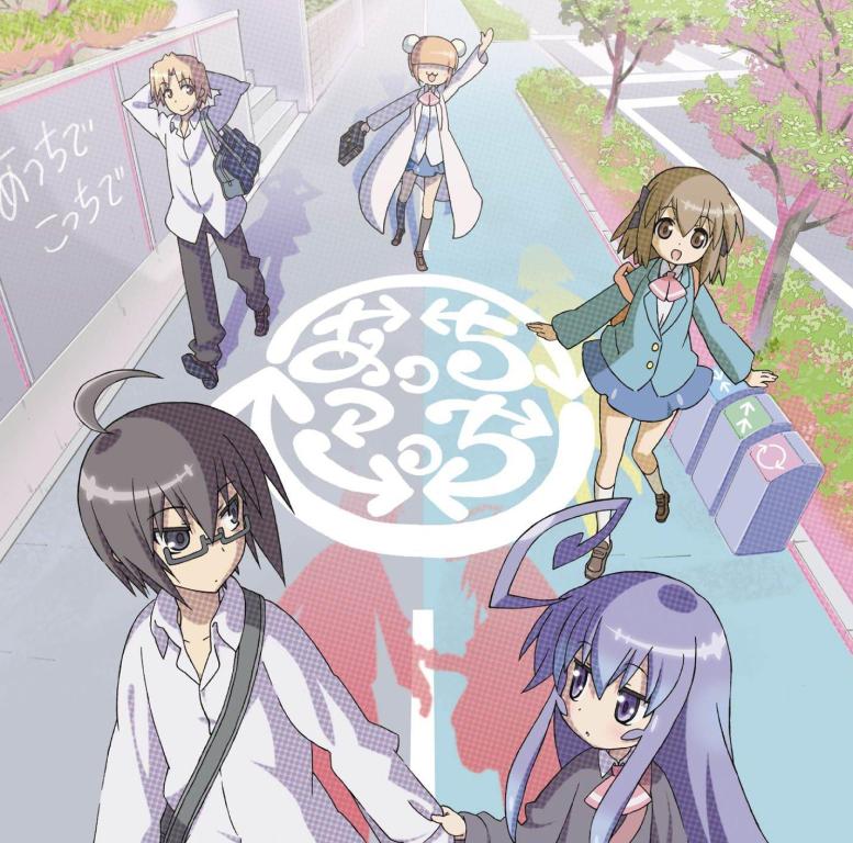2boys, 3girls, :3, acchi_kocchi, ahoge, bag, blue_eyes, blue_hair