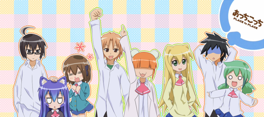 3boys, 5girls, :3, =_=, acchi_kocchi, ahoge, animal_ears, blue_eyes