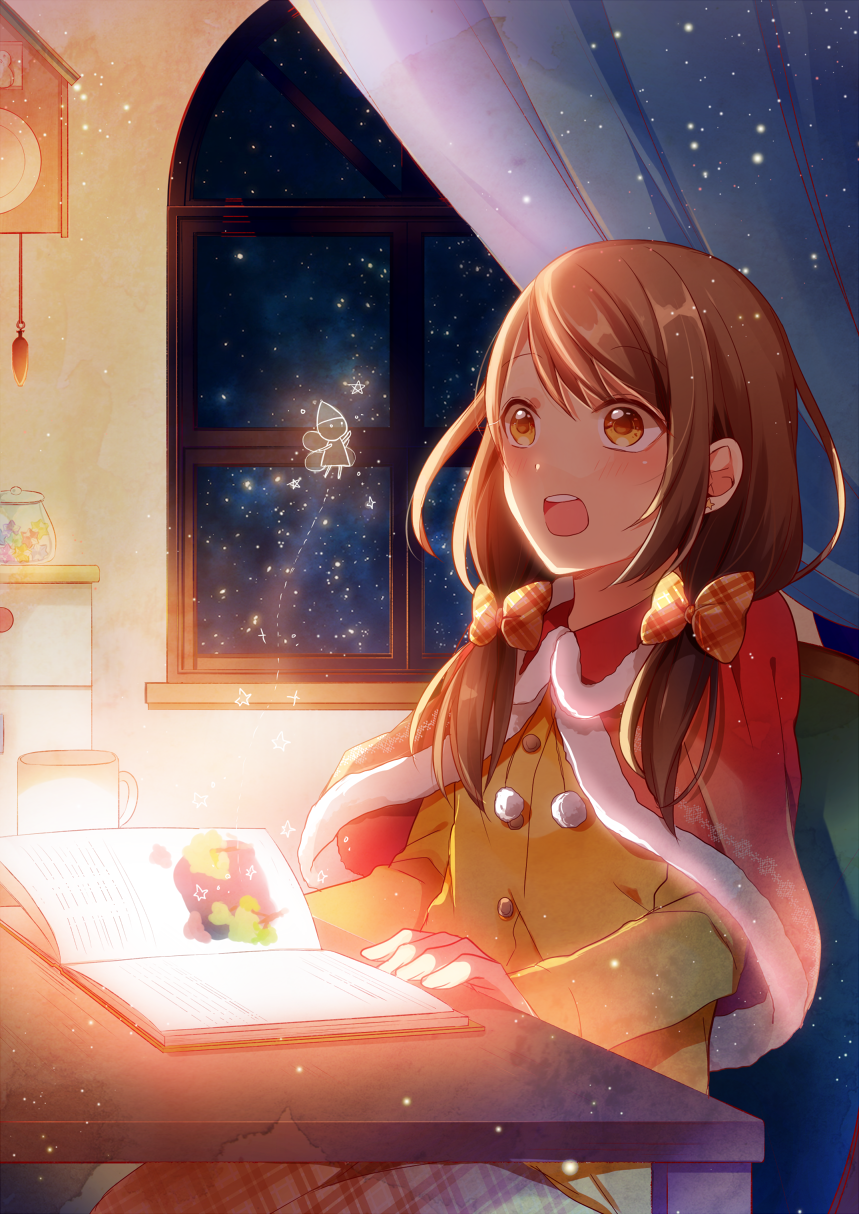 1girl, book, bow, box, brown_eyes, brown_hair, brown_skirt, buttons