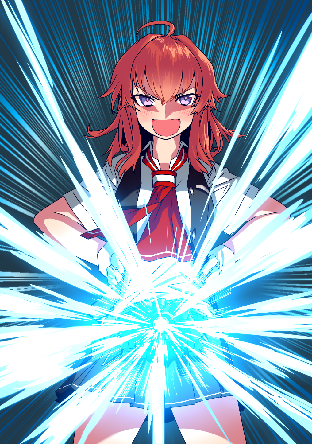 1girl, ahoge, apsalus, apsalus_ii, arashi_(kantai_collection), belt, blew_andwhite, blouse, doyagao, gloves, gundam, gundam_08th_ms_team, hands_on_hips, highres, kantai_collection, kerchief, light_rays, messy_hair, open_mouth, parody, pleated_skirt, redhead, school_uniform, short_hair, skirt, smile, solo, vest, violet_eyes, white_gloves