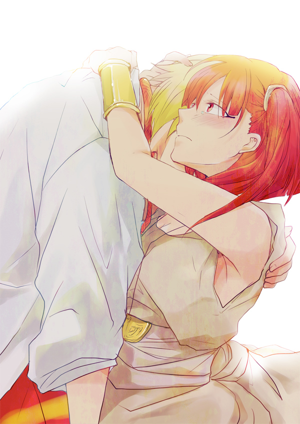 1boy, 1girl, ali_baba_saluja, blonde_hair, breasts, cleavage, hair_ornament, hug