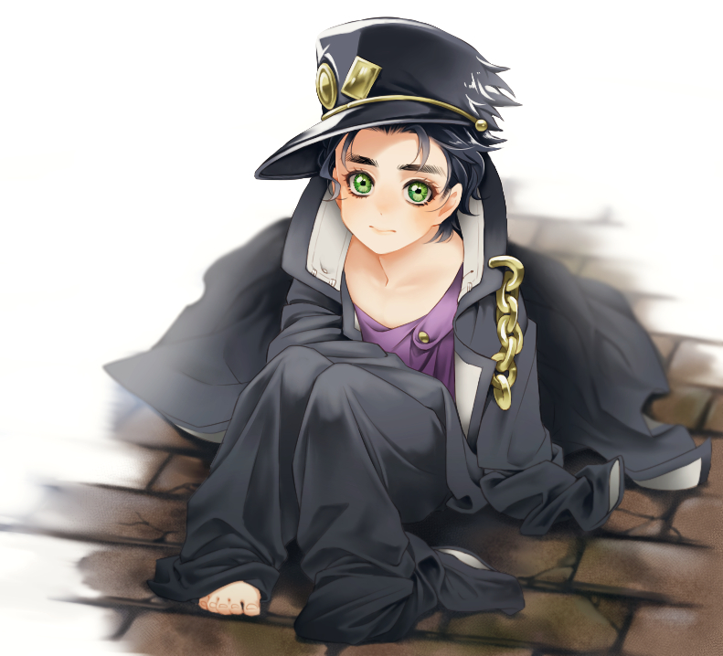 1boy, age_regression, barefoot, black_hair, brick_floor, chains, child, full_body