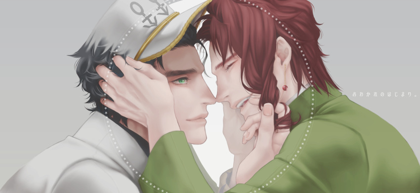 2boys, black_hair, closed_eyes, earrings, green_eyes, hand_on_another's_head, hat, highres