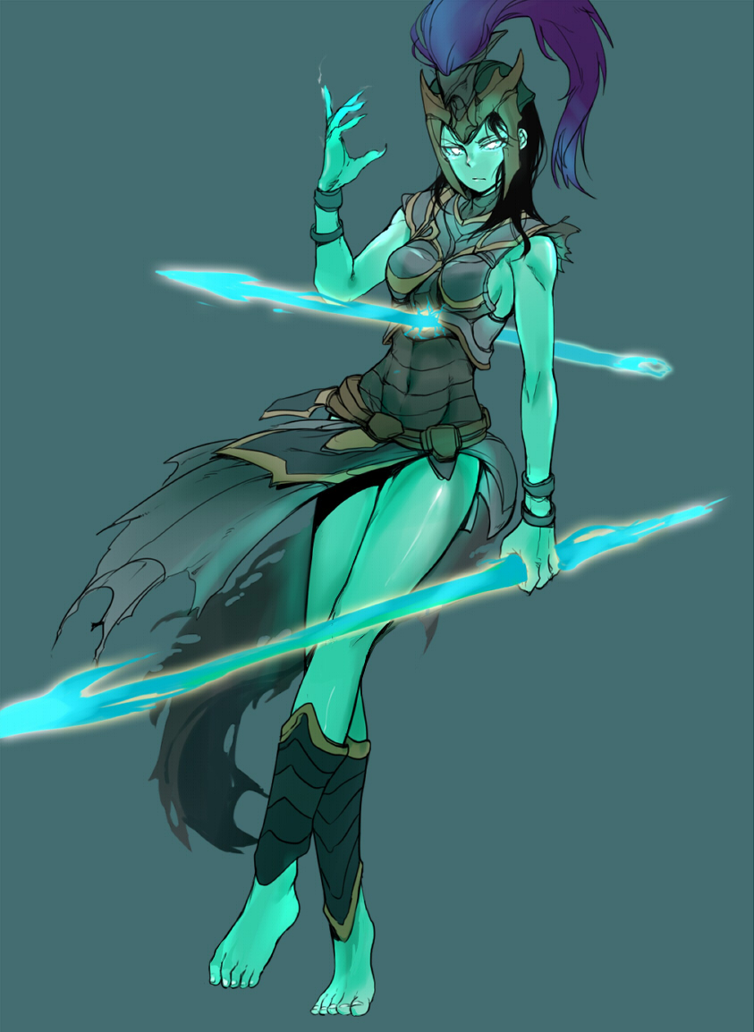 1girl, armor, barefoot, black_hair, blue_skin, bracelet, breasts, covered_navel, glowing, glowing_eyes, helmet, jewelry, kalista, league_of_legends, long_hair, polearm, scofa, simple_background, solo, spear, weapon