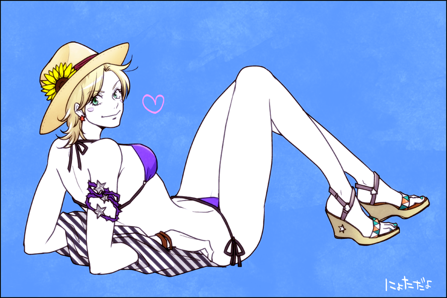 1girl, bikini, blonde_hair, caesar_anthonio_zeppeli, earrings, facial_mark, flower, full_body