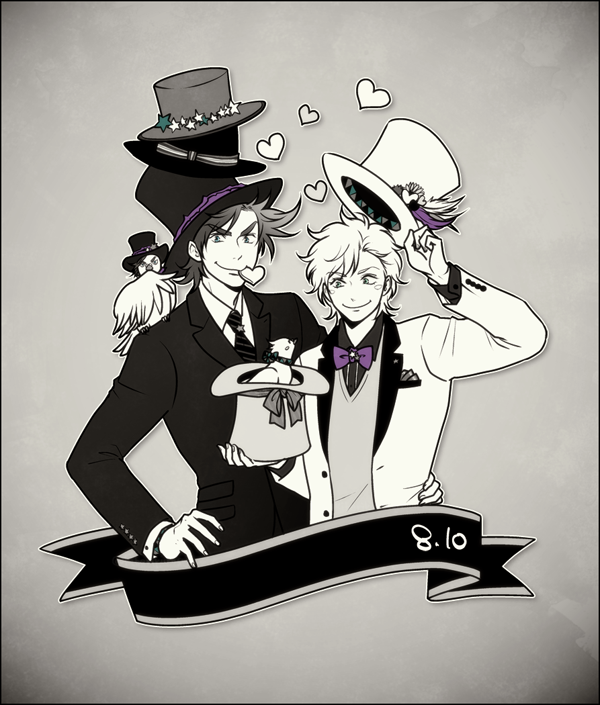2boys, animal, animal_on_shoulder, arm_around_waist, bird, bird_on_shoulder, bow, bowtie