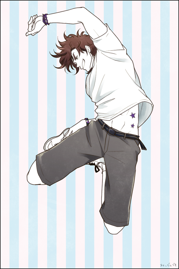 1boy, belt, black_border, border, brown_hair, closed_eyes, full_body, grin