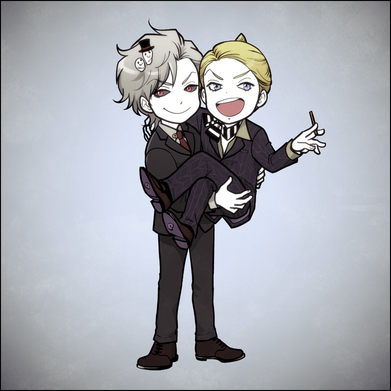 2boys, black_border, black_sclera, blonde_hair, blue_eyes, border, carrying, formal