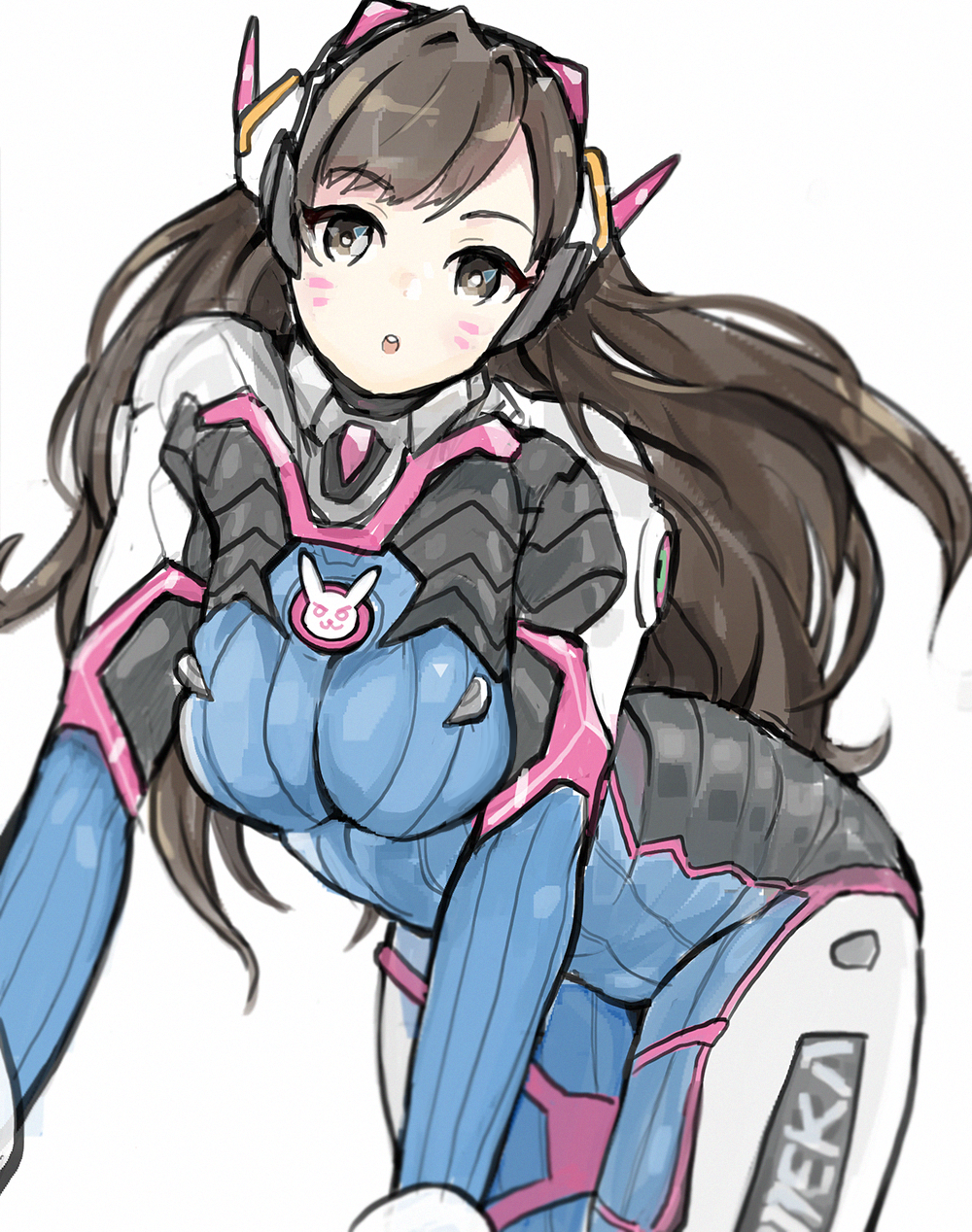 1girl, all_fours, bangs, bodysuit, breasts, brown_eyes, brown_hair, d.va_(overwatch)