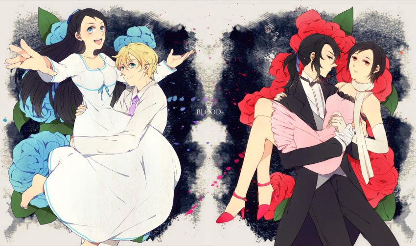2boys, 2girls, black_hair, blood+, blue_eyes, blue_rose, brown_eyes, diva