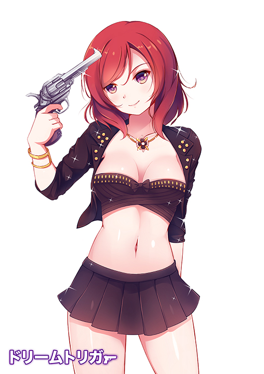 1girl, bracelet, breasts, cleavage, collarbone, copyright_name, dream_trigger, euforia, finger_on_trigger, gun, gun_to_head, head_tilt, holding, holding_gun, holding_weapon, jewelry, looking_at_viewer, love_live!, love_live!_school_idol_project, navel, nishikino_maki, photo_reference, pile_(seiyuu), redhead, seiyuu_connection, short_hair, simple_background, skirt, solo, strapless, tubetop, violet_eyes, weapon, white_background
