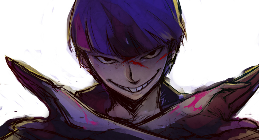 1boy, backlighting, black_eyes, bowl_cut, crossed_arms, evil_grin, evil_smile, grin