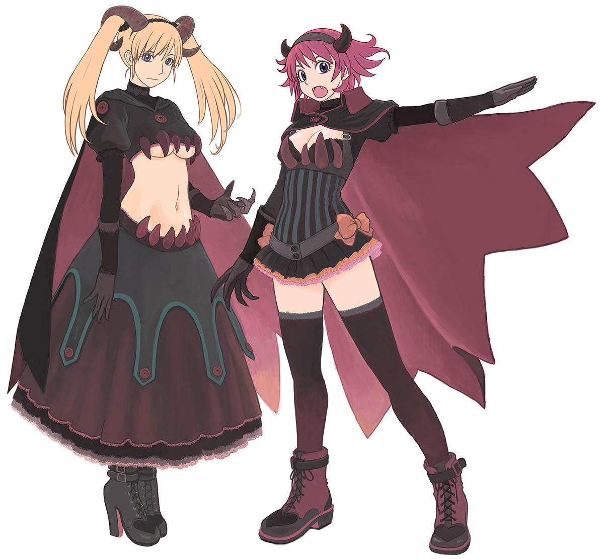 2girls, azuma_kiyohiko, blonde_hair, bow, breasts, cape, cleavage, dress