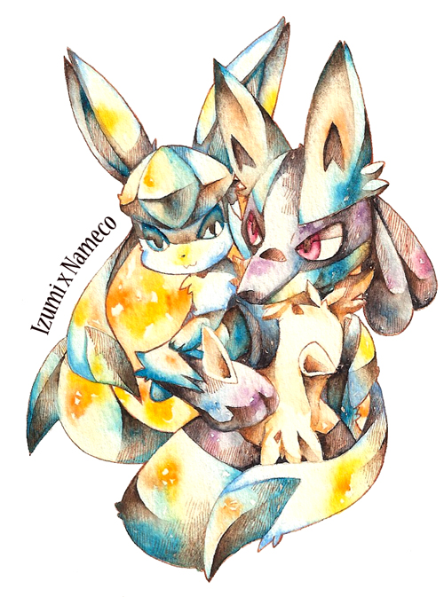 collaboration, colored, glaceon, izumi_asuka, lucario, nameko_(padoco), no_humans, pokemon