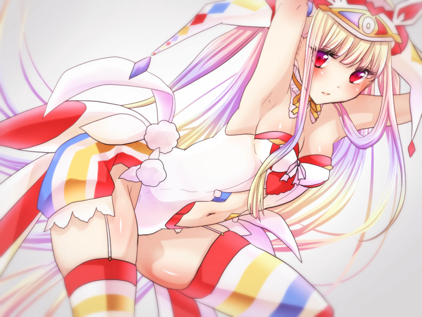 1girl, armpits, arms_behind_head, bangs, beatmania, beatmania_iidx, bent_over, blonde_hair, blue_hair, breasts, cleavage, detached_collar, garter_straps, gradient_hair, hat, ice_(aitsugai), jester_cap, leotard, long_hair, looking_at_viewer, lopica, multicolored_hair, navel_cutout, pink_hair, showing_armpits, sidelocks, solo, strapless, striped, striped_legwear, thigh-highs, very_long_hair, violet_eyes