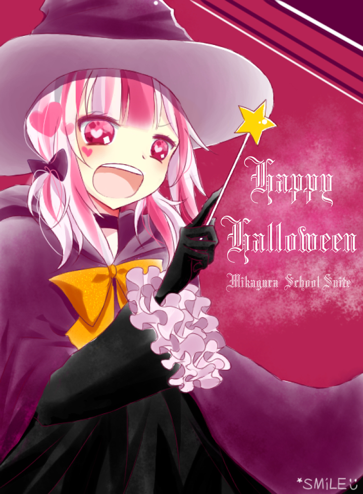 1girl, bad_id, bow, copyright_name, fujishiro_otone, hair_bow, happy_halloween, hat