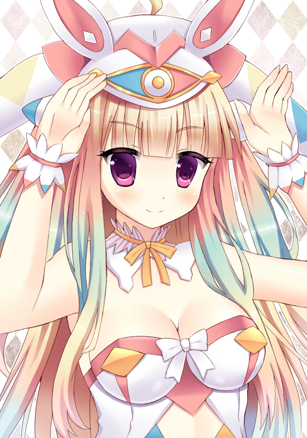 1girl, ahoge, bangs, beatmania, beatmania_iidx, blonde_hair, blue_hair, blunt_bangs, blush, bow, bunny_pose, detached_collar, gradient_hair, hat, jester_cap, leotard, long_hair, looking_at_viewer, lopica, multicolored_hair, pink_hair, rari, smile, solo, strapless, upper_body, very_long_hair, violet_eyes