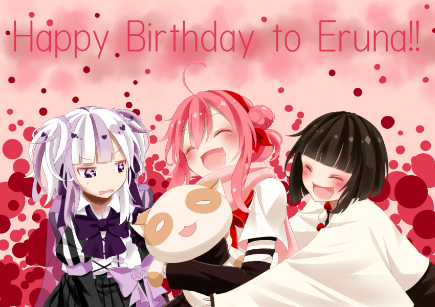 3girls, :d, bad_id, bimi_(mgk), black_hair, closed_eyes, fujishiro_otone, hair_ribbon