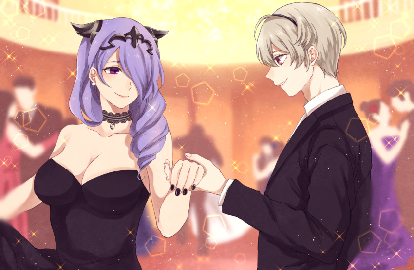 1boy, 1girl, aomeeso, arm, bare_arms, black_dress, blonde_hair, breasts