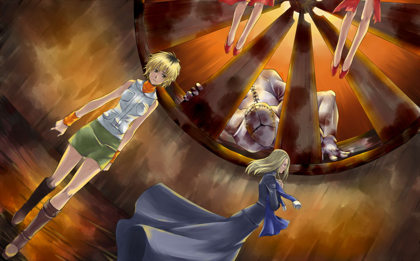 2girls, blonde_hair, boots, breasts, claudia_wolf, corpse, curtains, heather_mason